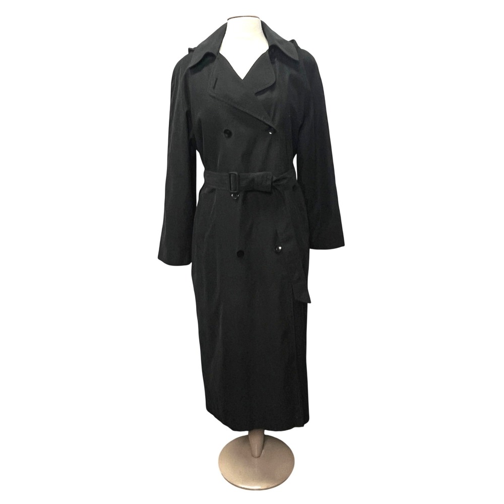 London Fog Limited Edition Black Charcoal Trench Coat‎ Women 12R Belt Hood Liner